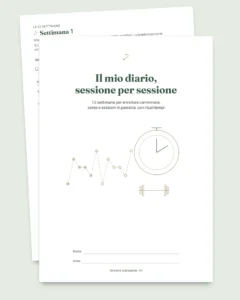 Il mio diario, sessione per sessione — diario di allenamento di 12 settimane (camminata, corsa, palestra), PDF da stampare