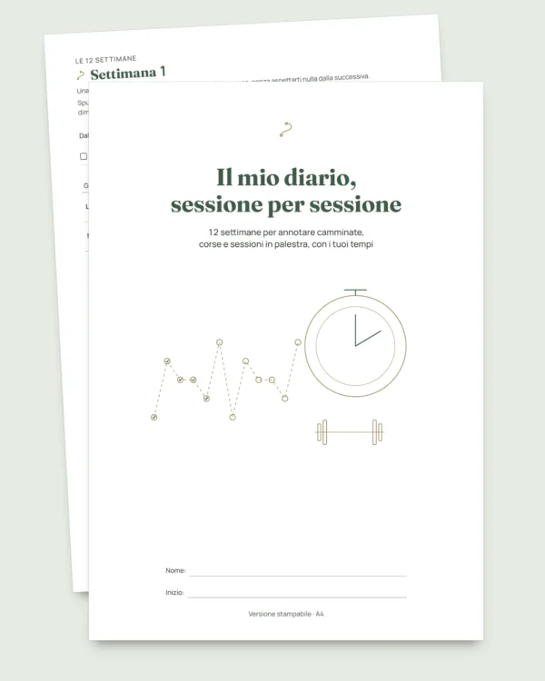 Il mio diario, sessione per sessione — diario di allenamento di 12 settimane (camminata, corsa, palestra), PDF da stampare