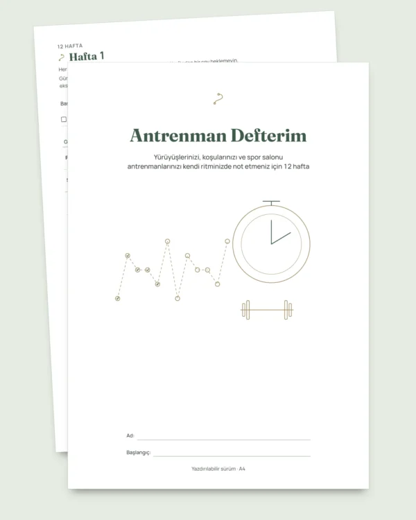 Antrenman Defterim — 12 haftalık antrenman günlüğü (yürüyüş, koşu, spor salonu), yazdırılabilir PDF