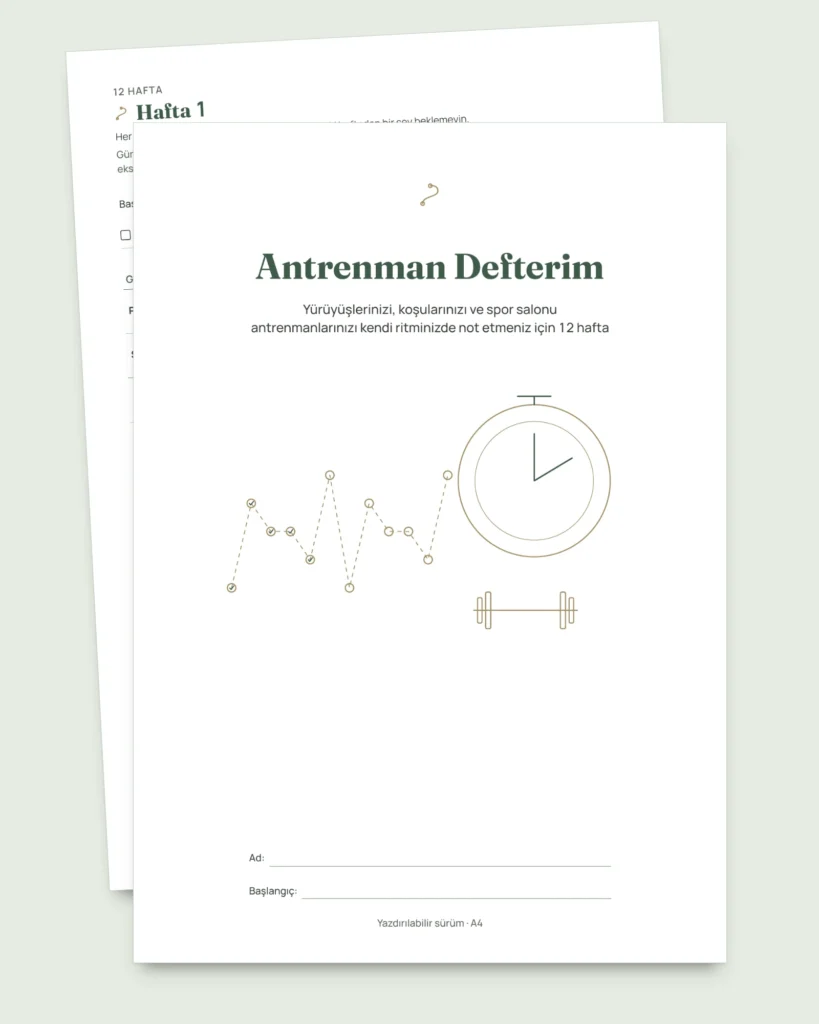 Antrenman Defterim — 12 haftalık antrenman günlüğü (yürüyüş, koşu, spor salonu), yazdırılabilir PDF