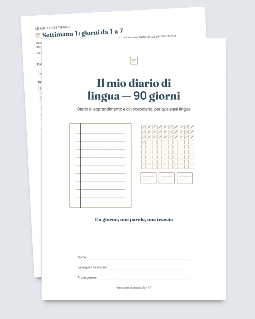 Il mio diario di lingua — 90 giorni di apprendimento e vocabolario, per qualsiasi lingua (PDF da stampare)