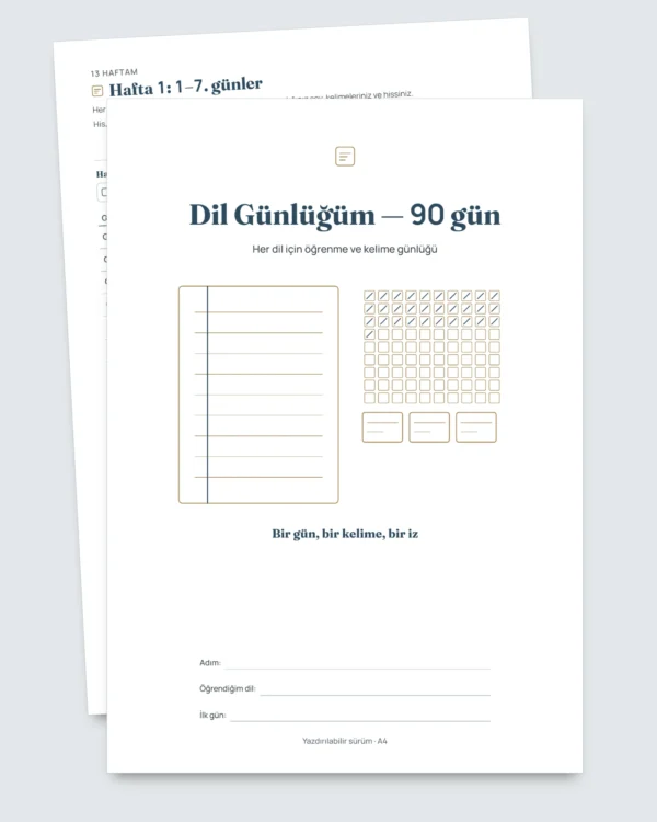 Dil Günlüğüm — 90 gün : her dil için öğrenme ve kelime defteri (yazdırılabilir PDF)