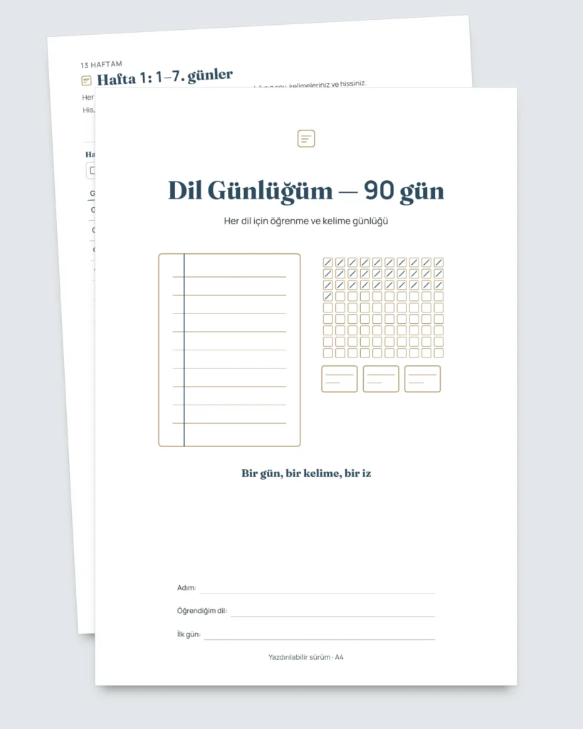 Dil Günlüğüm — 90 gün : her dil için öğrenme ve kelime defteri (yazdırılabilir PDF)