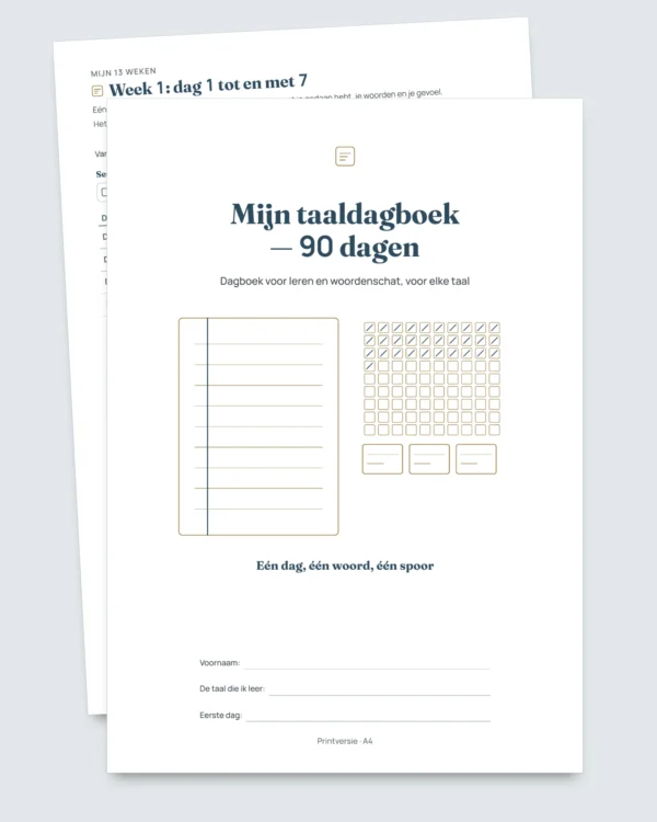 Mijn taaldagboek — 90 dagen leren en woordenschat, voor elke taal (pdf om te printen)