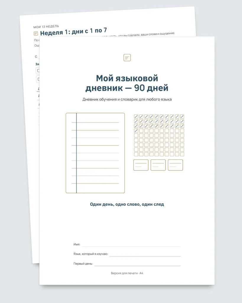 Мой языковой дневник — 90 дней : обучение и словарик для любого языка (PDF для печати)