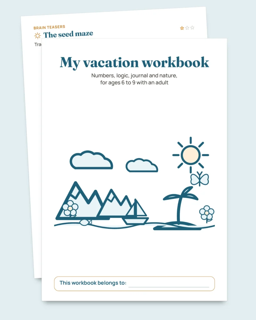 My vacation workbook — numbers, logic, journal and nature, ages 6-9 (printable PDF and tablet version)