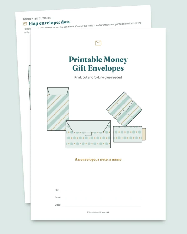 Printable Money Gift Envelopes — 4 no-glue fold templates with slip-in cards and name labels (PDF, A4 and US Letter)