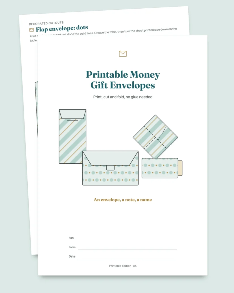 Printable Money Gift Envelopes — 4 no-glue fold templates with slip-in cards and name labels (PDF, A4 and US Letter)