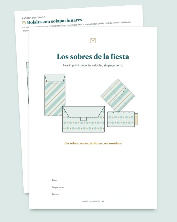 Los sobres de la fiesta — 4 plantillas para imprimir y doblar sin pegamento, con tarjetas y etiquetas (PDF A4 y Letter)