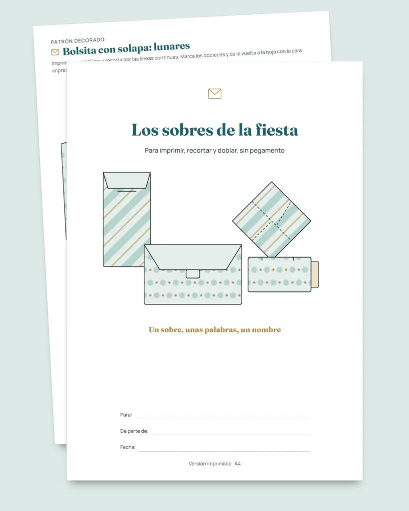 Los sobres de la fiesta — 4 plantillas para imprimir y doblar sin pegamento, con tarjetas y etiquetas (PDF A4 y Letter)