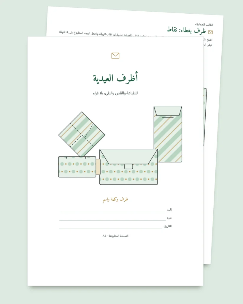 أظرف العيدية — 4 نماذج للطباعة والطي بلا غراء، مع بطاقات وملصقات أسماء (PDF بمقاس A4 وLetter)