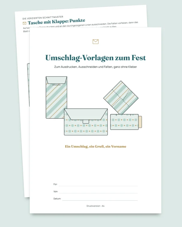 Umschlag-Vorlagen zum Fest — 4 Vorlagen zum Ausdrucken und Falten ohne Kleber, mit Karten und Etiketten (PDF A4 und Letter)