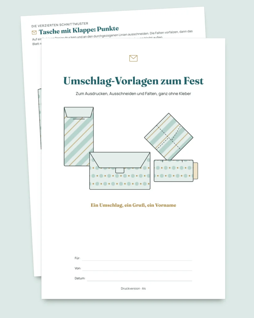 Umschlag-Vorlagen zum Fest — 4 Vorlagen zum Ausdrucken und Falten ohne Kleber, mit Karten und Etiketten (PDF A4 und Letter)