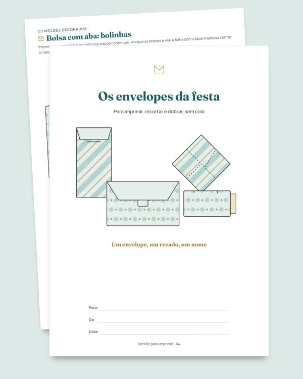Os envelopes da festa — 4 moldes para imprimir e dobrar sem cola, com cartões e etiquetas (PDF A4 e Letter)