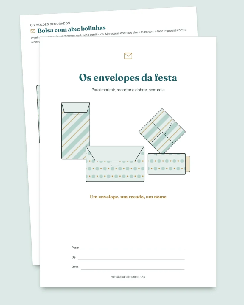Os envelopes da festa — 4 moldes para imprimir e dobrar sem cola, com cartões e etiquetas (PDF A4 e Letter)