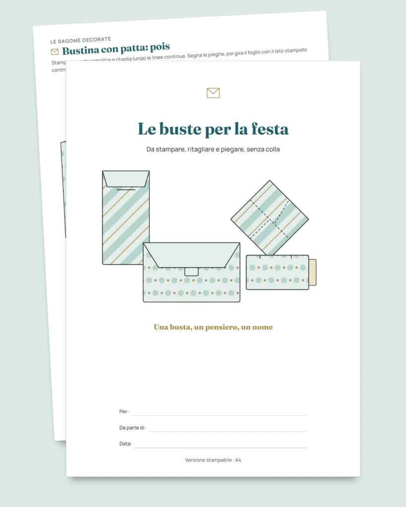 Le buste per la festa — 4 modelli da stampare e piegare senza colla, con biglietti ed etichette (PDF A4 e Letter)