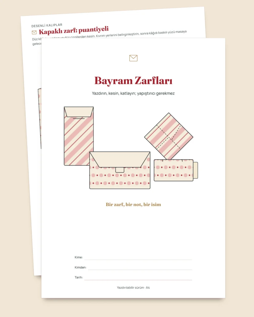 Bayram Zarfları — yapıştırıcısız katlanan 4 bayram harçlığı zarfı şablonu, kartlar ve isim etiketleri (PDF, A4 ve Letter)