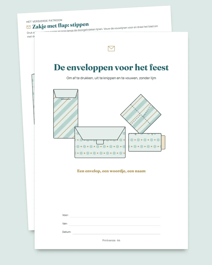 De enveloppen voor het feest — 4 sjablonen om af te drukken en te vouwen zonder lijm, met kaartjes en labels (PDF A4 en Letter)