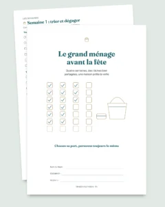 Le grand ménage avant la fête — planning de 4 semaines et partage équitable des tâches de 2 à 6 personnes (PDF à imprimer)