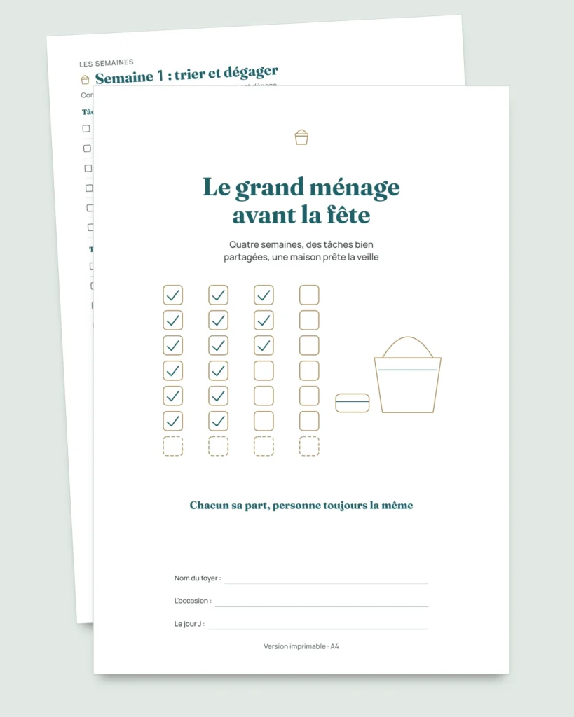 Le grand ménage avant la fête — planning de 4 semaines et partage équitable des tâches de 2 à 6 personnes (PDF à imprimer)