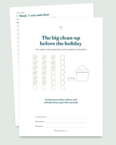The big clean-up before the holiday — 4-week cleaning planner with a fair task rotation for 2 to 6 people (printable PDF)