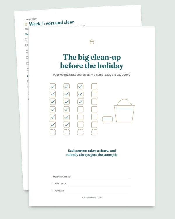 The big clean-up before the holiday — 4-week cleaning planner with a fair task rotation for 2 to 6 people (printable PDF)