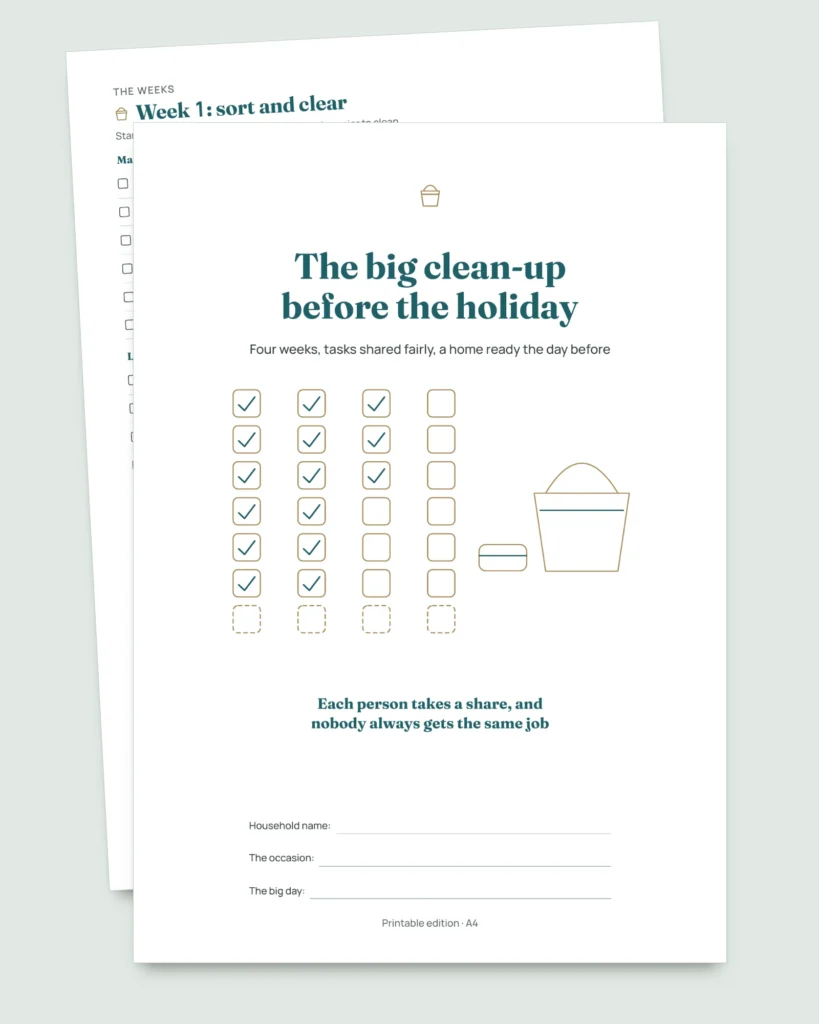 The big clean-up before the holiday — 4-week cleaning planner with a fair task rotation for 2 to 6 people (printable PDF)