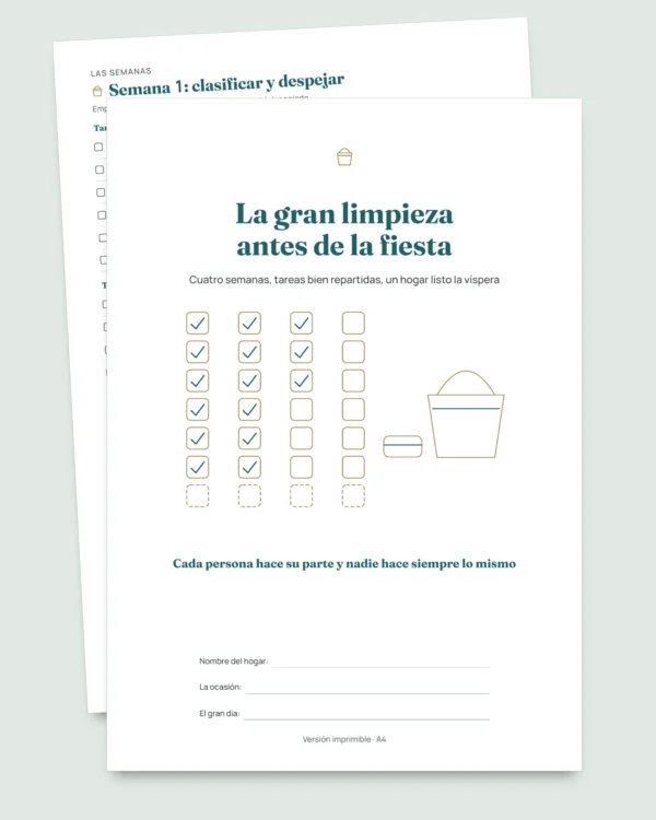 La gran limpieza antes de la fiesta — planificador de 4 semanas y reparto justo de tareas para 2 a 6 personas (PDF para imprimir)