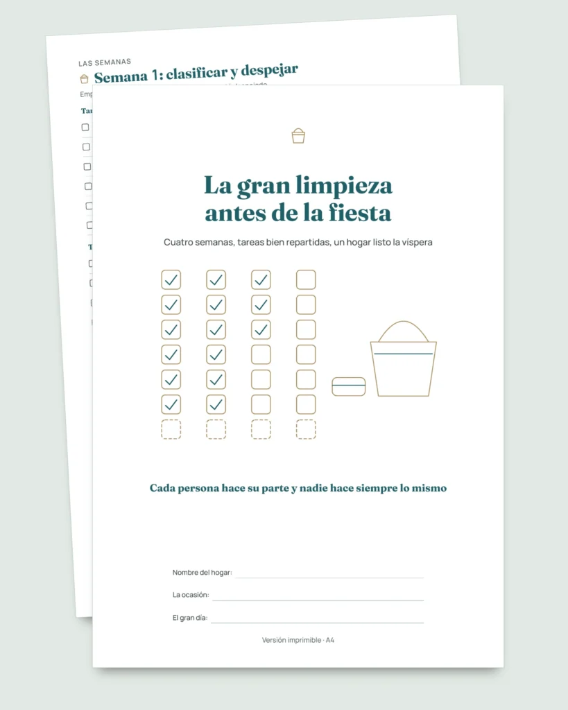 La gran limpieza antes de la fiesta — planificador de 4 semanas y reparto justo de tareas para 2 a 6 personas (PDF para imprimir)