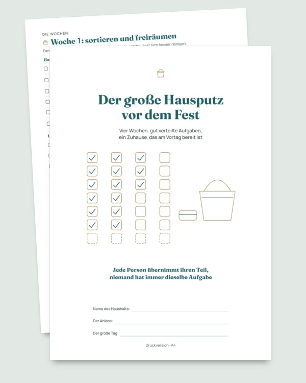 Der große Hausputz vor dem Fest — Putzplan für 4 Wochen mit gerechter Aufgabenverteilung für 2 bis 6 Personen (PDF zum Ausdrucken)