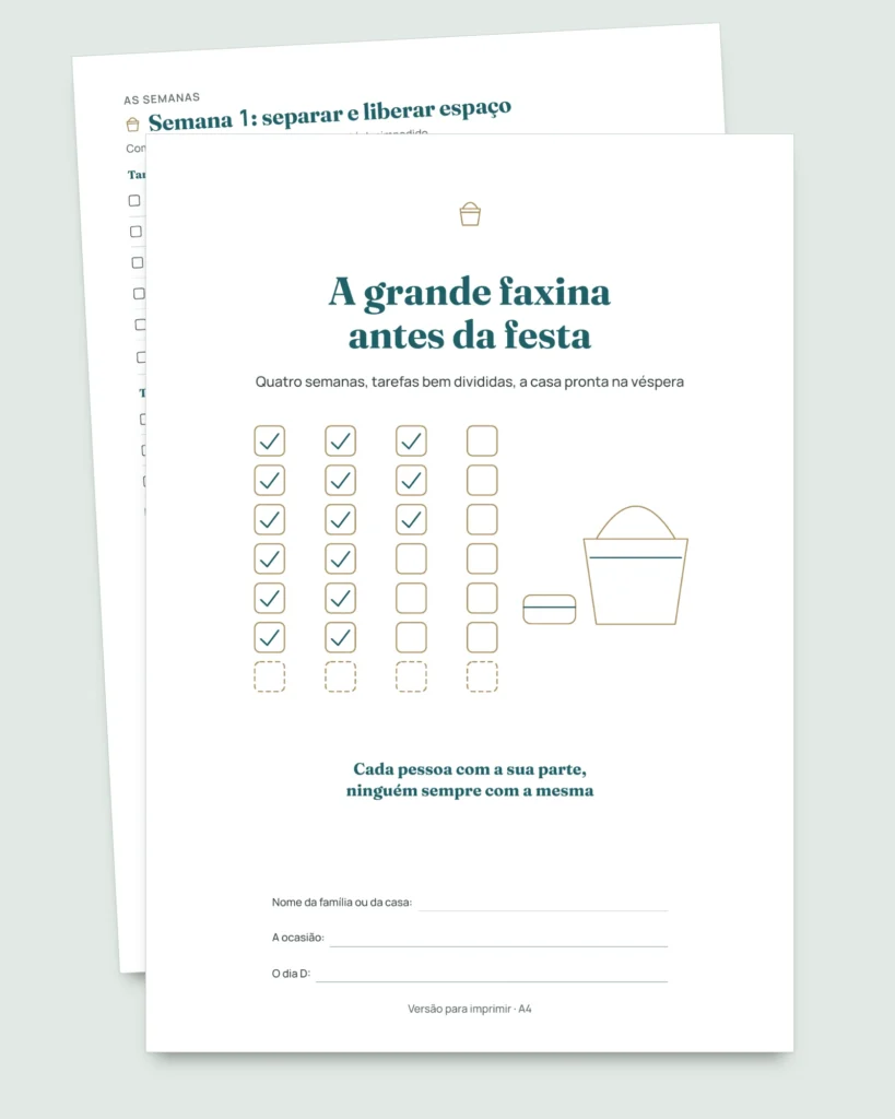 A grande faxina antes da festa — cronograma de 4 semanas e divisão justa das tarefas para 2 a 6 pessoas (PDF para imprimir)