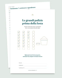 Le grandi pulizie prima della festa — planner di 4 settimane e divisione equa delle faccende per 2-6 persone (PDF da stampare)
