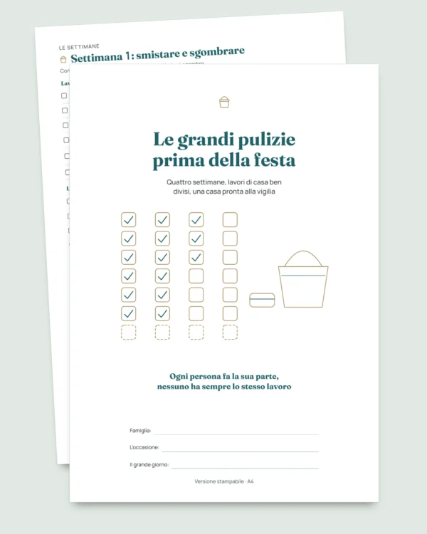 Le grandi pulizie prima della festa — planner di 4 settimane e divisione equa delle faccende per 2-6 persone (PDF da stampare)