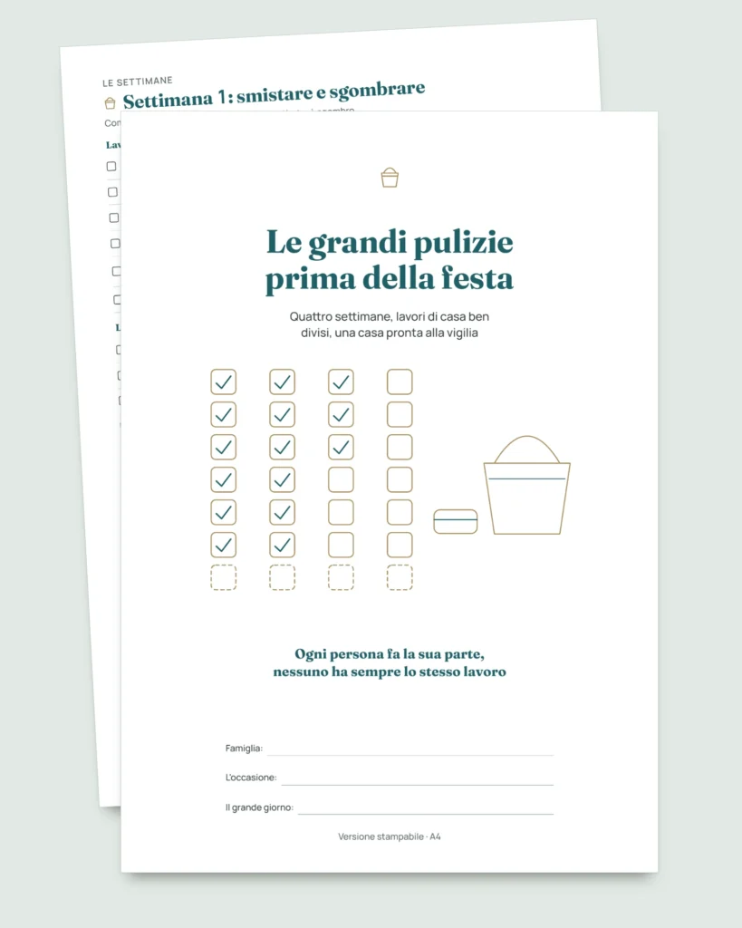 Le grandi pulizie prima della festa — planner di 4 settimane e divisione equa delle faccende per 2-6 persone (PDF da stampare)