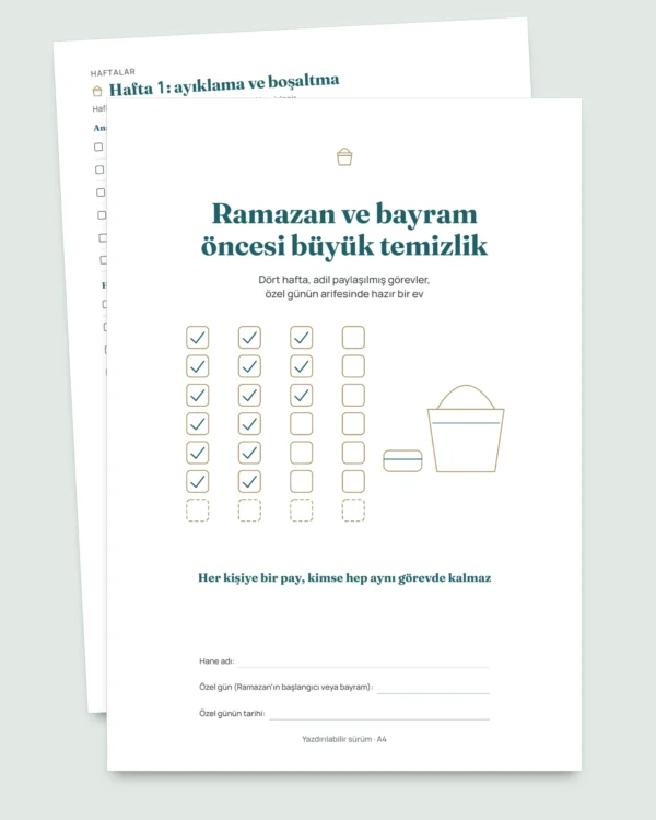 Ramazan ve bayram öncesi büyük temizlik — 4 haftalık plan ve 2-6 kişi için adil görev paylaşımı (yazdırılabilir PDF)