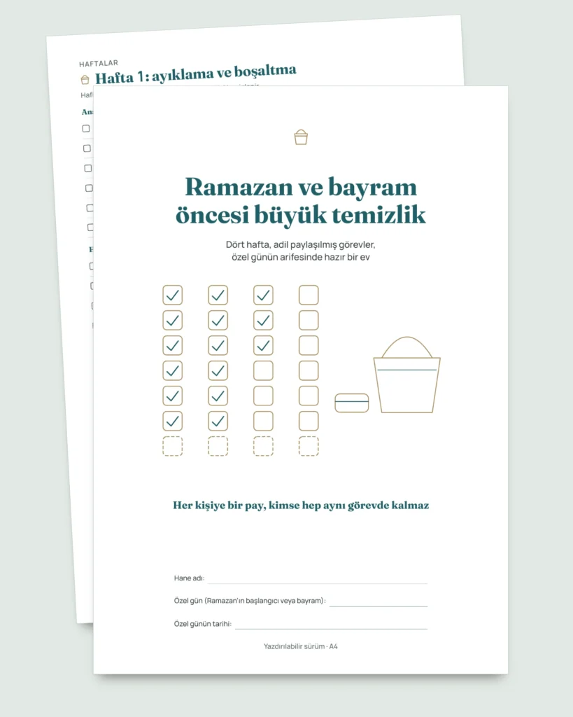 Ramazan ve bayram öncesi büyük temizlik — 4 haftalık plan ve 2-6 kişi için adil görev paylaşımı (yazdırılabilir PDF)