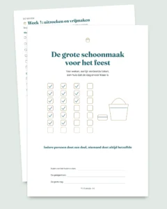 De grote schoonmaak voor het feest — schoonmaakplanning van 4 weken met eerlijke taakverdeling voor 2 tot 6 personen (PDF om te printen)