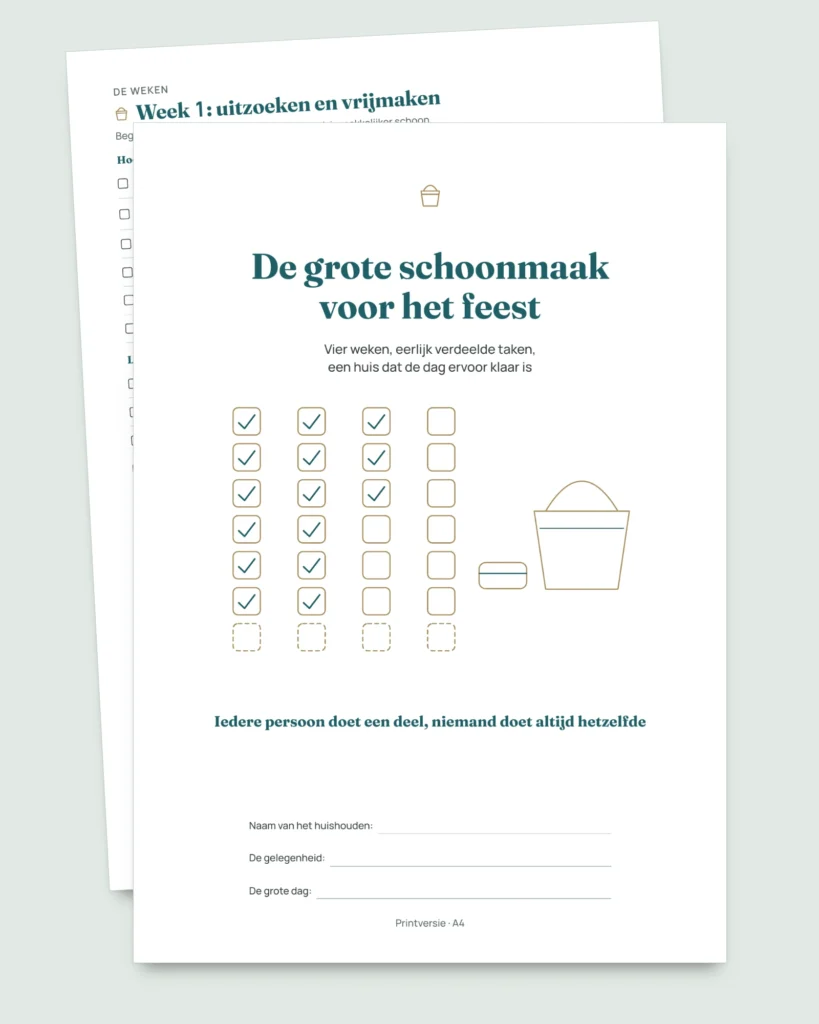 De grote schoonmaak voor het feest — schoonmaakplanning van 4 weken met eerlijke taakverdeling voor 2 tot 6 personen (PDF om te printen)