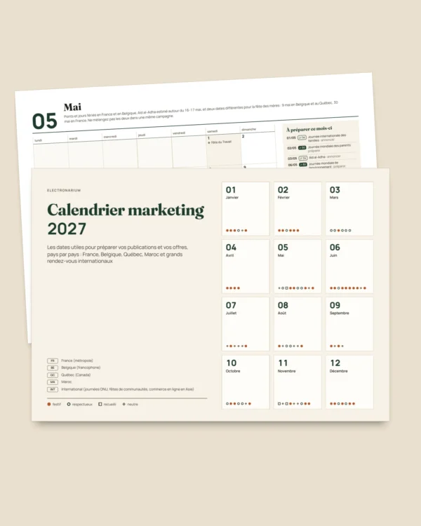 Calendrier marketing 2027 — dates par pays et idées de publication, PDF + tableur + agenda