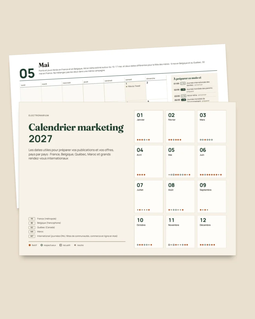 Calendrier marketing 2027 — dates par pays et idées de publication, PDF + tableur + agenda