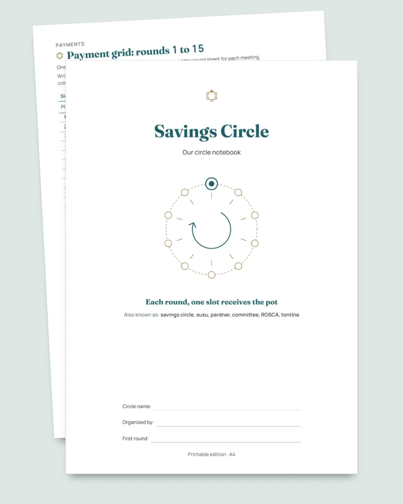 Savings Circle — susu, pardner and committee tracker: spreadsheet and printable PDF notebook (works with Excel, Google Sheets and LibreOffice)
