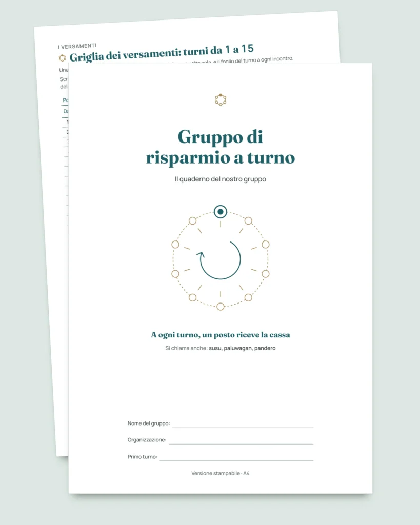 Gruppo di risparmio a turno — il registro del tuo gruppo tra persone di fiducia: foglio di calcolo e quaderno PDF (compatibile con Excel, Google Sheets e LibreOffice)