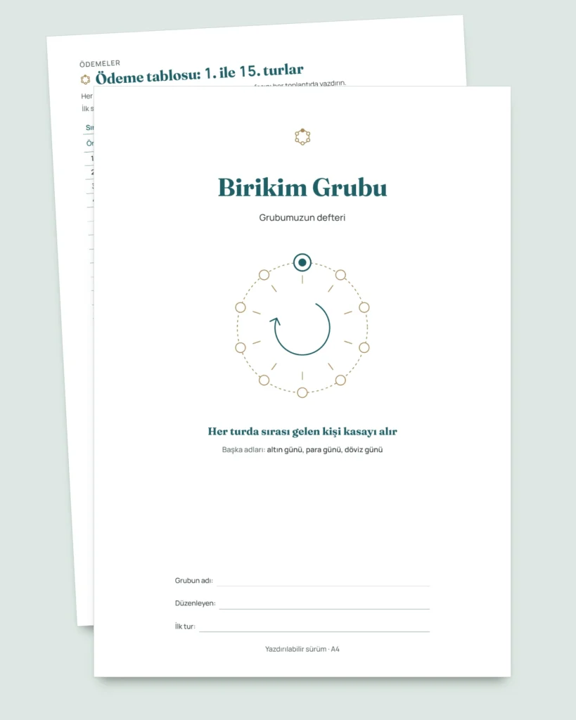 Birikim Grubu — altın günü ve para günü için güvene dayalı kayıt: tablo ve PDF defter (Excel, Google Sheets ve LibreOffice ile uyumlu)