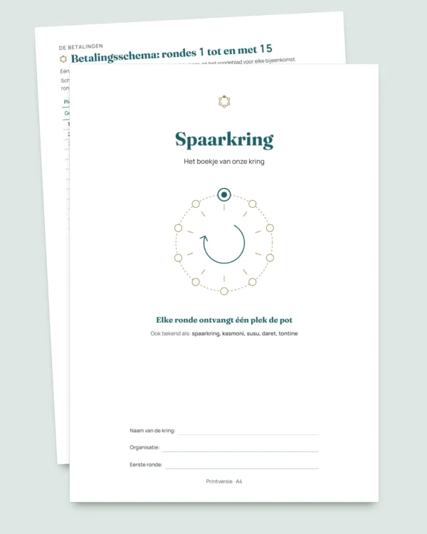 Spaarkring (kasmoni, tontine) — het register van je kring onder vertrouwde mensen: spreadsheet en PDF-boekje (compatibel met Excel, Google Sheets en LibreOffice)