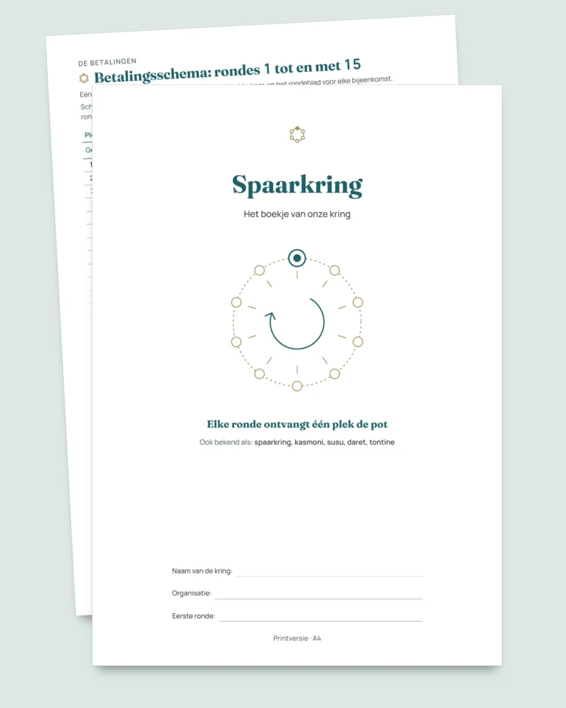 Spaarkring (kasmoni, tontine) — het register van je kring onder vertrouwde mensen: spreadsheet en PDF-boekje (compatibel met Excel, Google Sheets en LibreOffice)