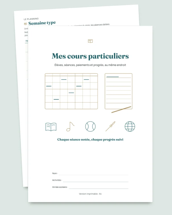 Cours particuliers — classeur des élèves, séances et paiements + carnet PDF à imprimer (Excel, Google Sheets et LibreOffice)