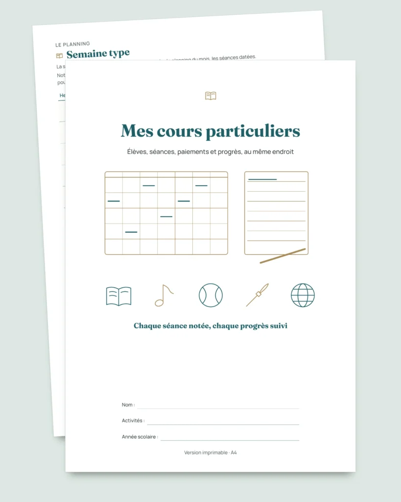 Cours particuliers — classeur des élèves, séances et paiements + carnet PDF à imprimer (Excel, Google Sheets et LibreOffice)