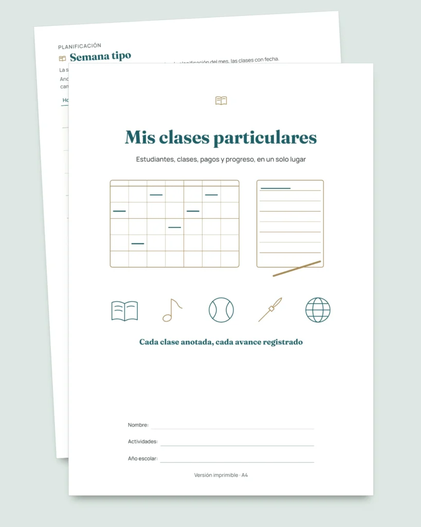 Control de clases particulares — plantilla Excel de estudiantes, clases y pagos + cuaderno PDF para imprimir (Excel, Google Sheets y LibreOffice)