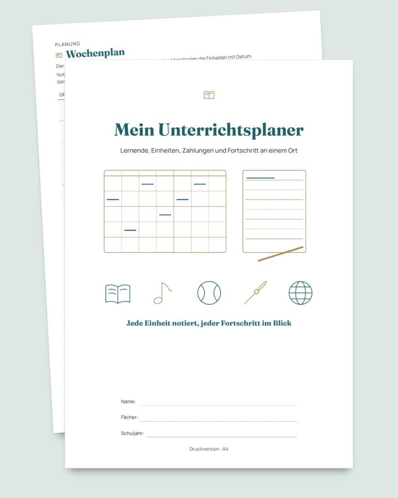 Privatunterricht & Nachhilfe — Arbeitsmappe für Lernende, Einheiten und Zahlungen + PDF-Heft zum Ausdrucken (Excel, Google Sheets und LibreOffice)