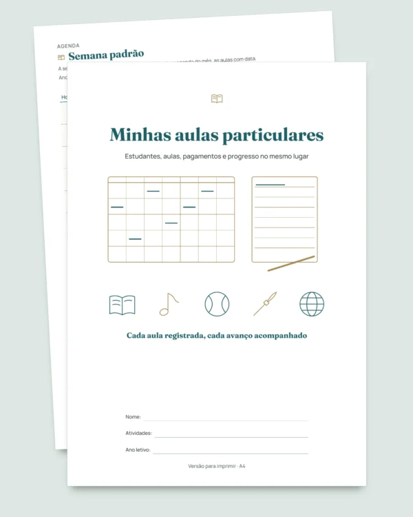 Aulas particulares — planilha de estudantes, aulas e pagamentos + caderno PDF para imprimir (Excel, Google Sheets e LibreOffice)